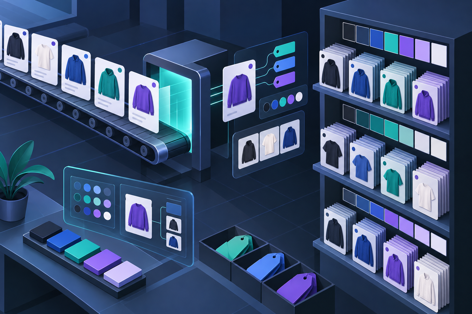 Product cards moving through a tidy color swatch organization system