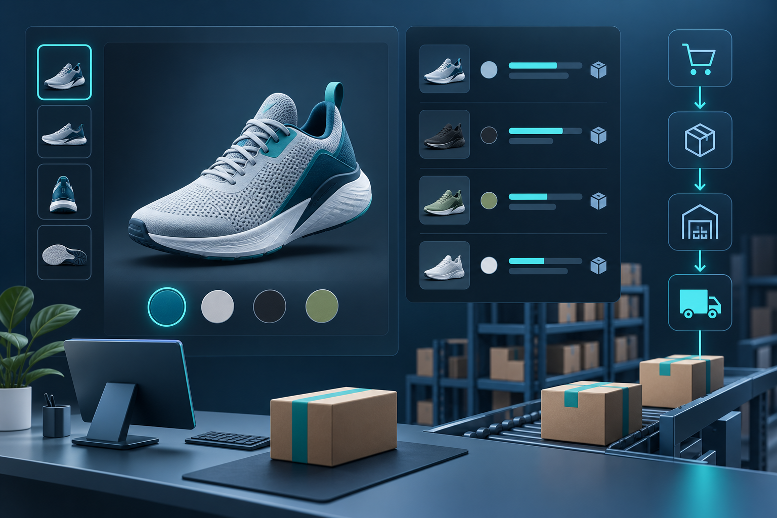 Clean product page with color and image swatches beside an inventory workflow