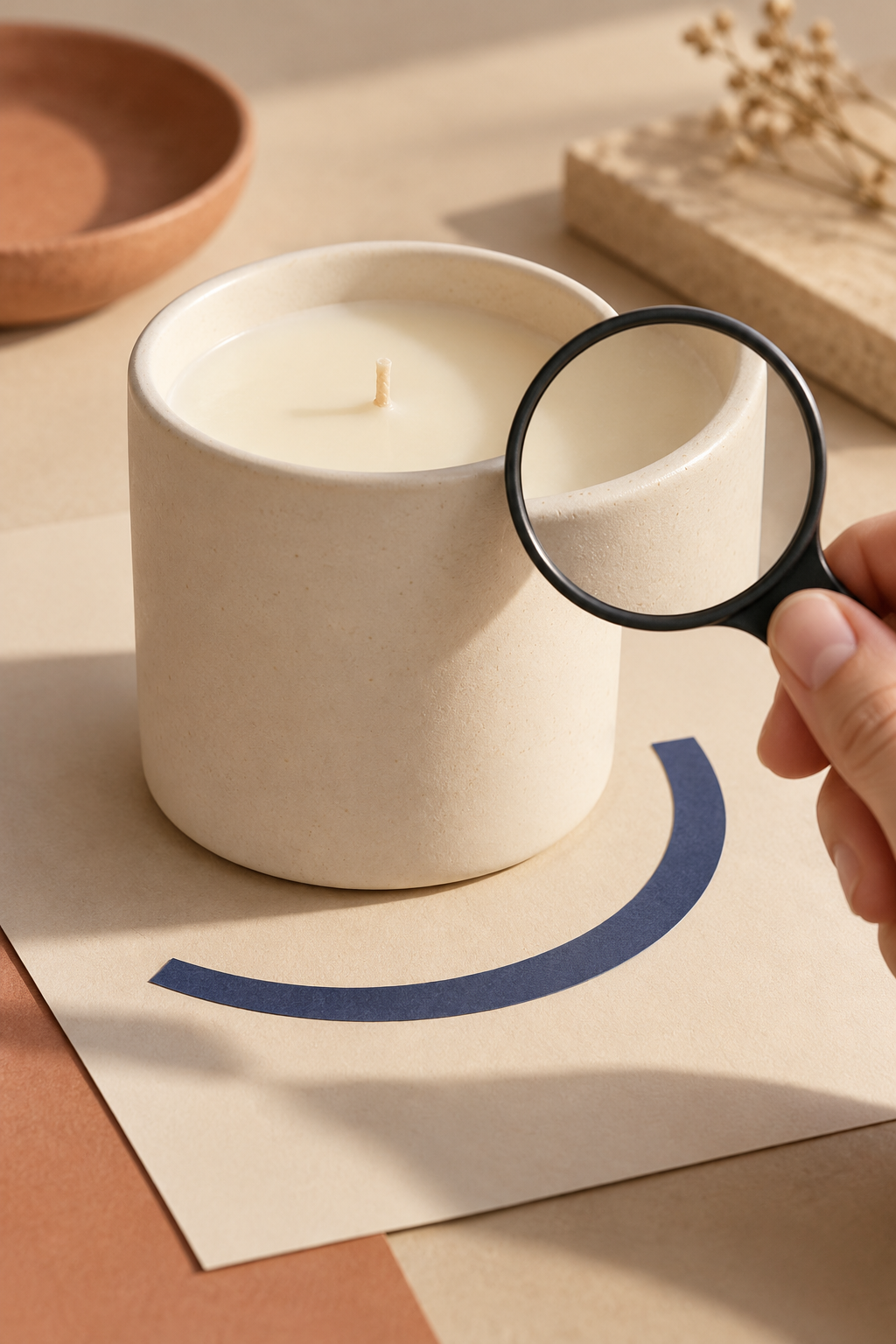 Magnifier inspecting the clean edge of a product cutout